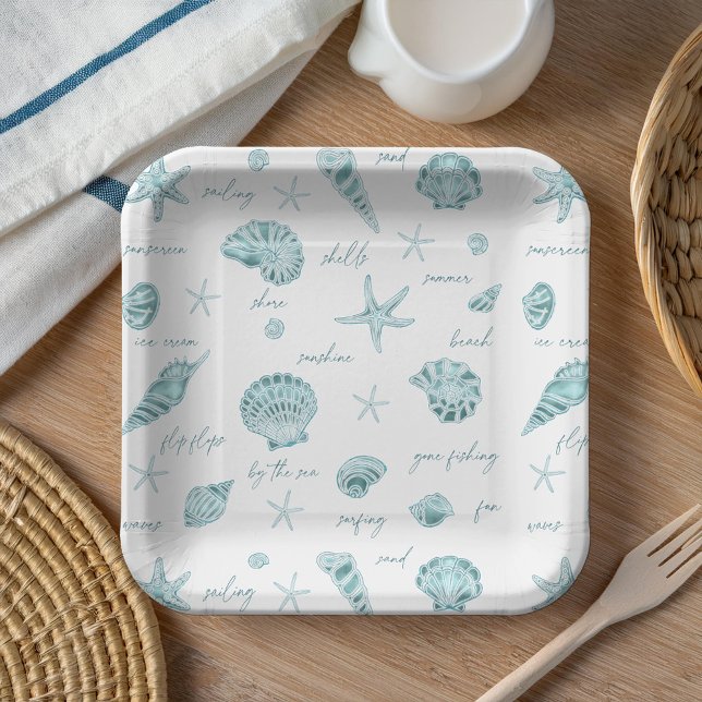 Shells Starfish Sun Fun Text Teal ID918  Paper Plate (Creator Uploaded)