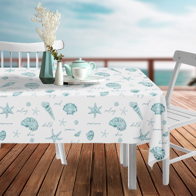 Shells Starfish Sun Fun Text Teal ID918  Tablecloth (Creator Uploaded)