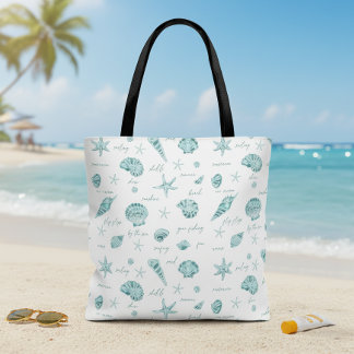 Shells Starfish Sun Fun Text Teal ID918  Tote Bag