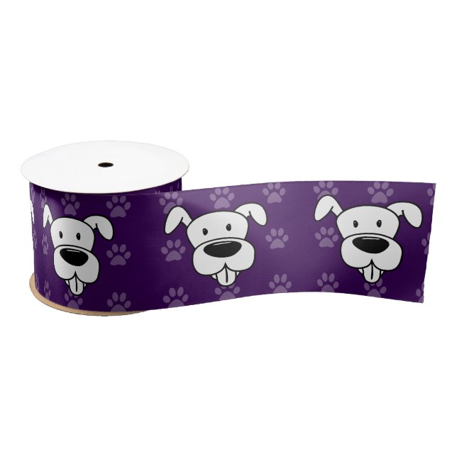 Shelter Dog cartoon pit bull purple pawprints wide Satin Ribbon (Spool)