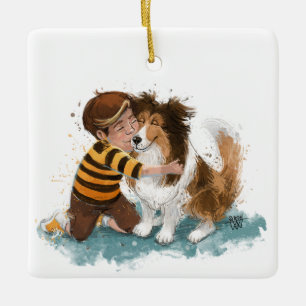 Sheltie and Boy Dog Hug Ceramic Ornament