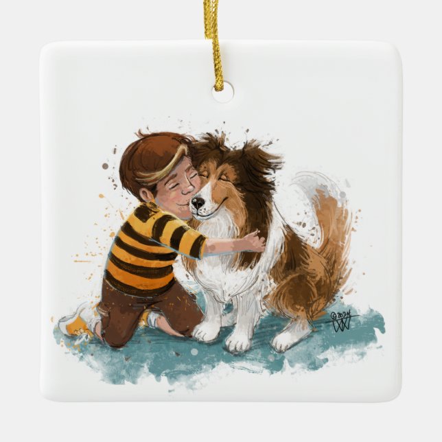 Sheltie and Boy Dog Hug Ceramic Ornament (Front)