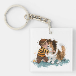 Sheltie and Boy Dog Hug Keychain