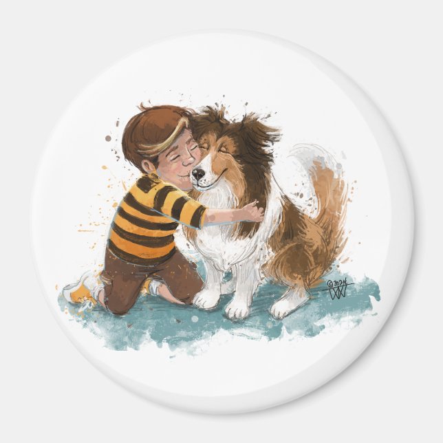 Sheltie and Boy Dog Hug Magnet (Front)