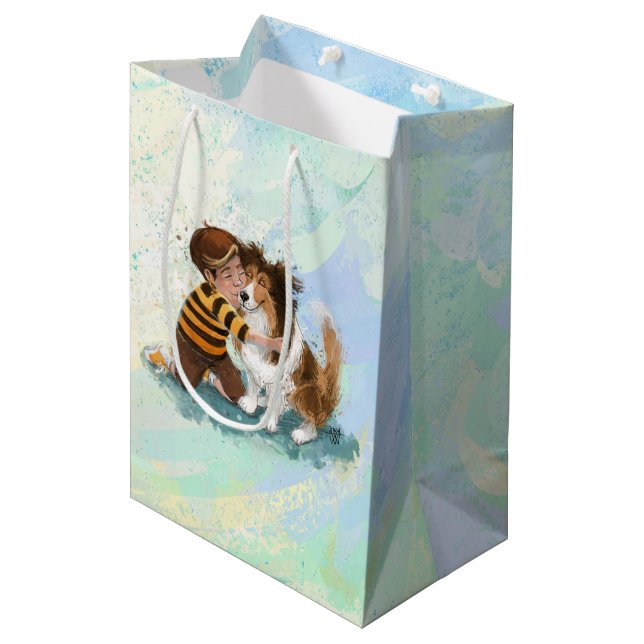 Sheltie and Boy Dog Hug Medium Gift Bag (Front Angled)