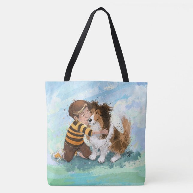 Sheltie and Boy Dog Hug Tote Bag (Front)