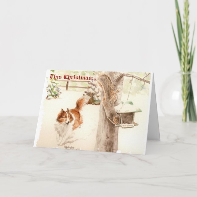 Sheltie chassant la carte de Noël d'écureuil (Devant)