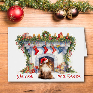 Sheltie Chien attendez Père Noël Cheminée de Noël