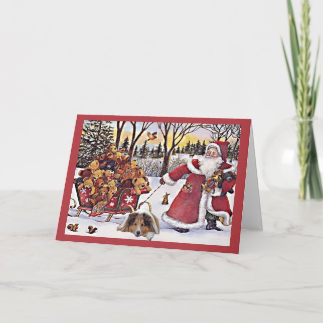 Sheltie Christmas Card Santa Bears In Sleigh (Front)