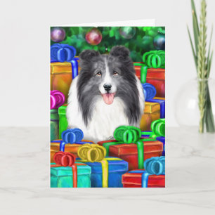 Sheltie Christmas Open Gifts Bi Blue Holiday Card