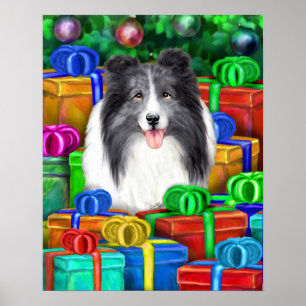 Sheltie Christmas Open Gifts Bi Blue Poster