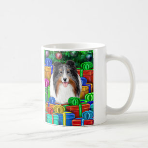Sheltie Christmas Open Gifts Blue Merle Coffee Mug