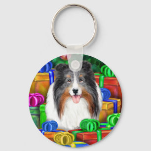 Sheltie Christmas Open Gifts Blue Merle Keychain