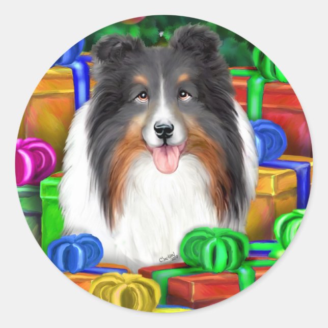 Sheltie Christmas Open Gifts Tri Colour Classic Round Sticker (Front)