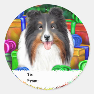 Sheltie Christmas Open Gifts Tri Colour Gift Tags