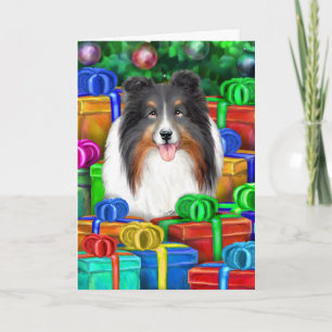 Sheltie Christmas Open Gifts Tri Colour Holiday Card