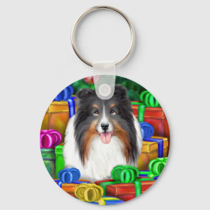 Sheltie Christmas Open Gifts Tri Colour Keychain