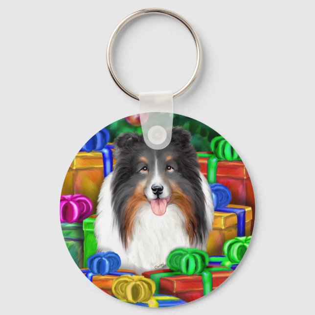 Sheltie Christmas Open Gifts Tri Colour Keychain (Front)