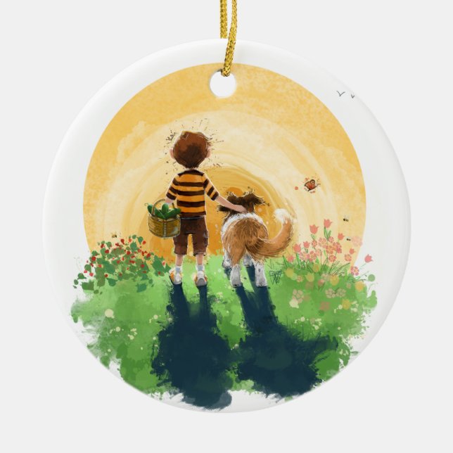 Sheltie Dog and Boy Walk into Sunset Ceramic Ornament (Front)
