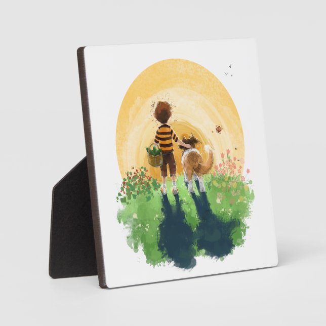 Sheltie Dog and Boy Walk into Sunset Plaque (Front)