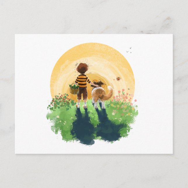 Sheltie Dog and Boy Walk into Sunset Postcard (Front)