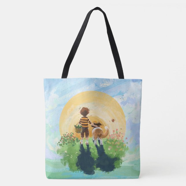 Sheltie Dog and Boy Walk into Sunset Tote Bag (Front)