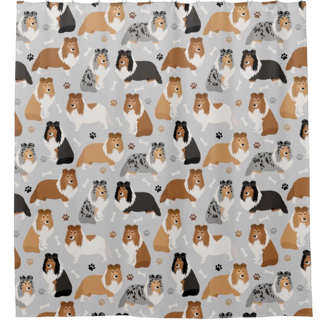 Sheltie Dog Bones and Paws Shower Curtain (Front)