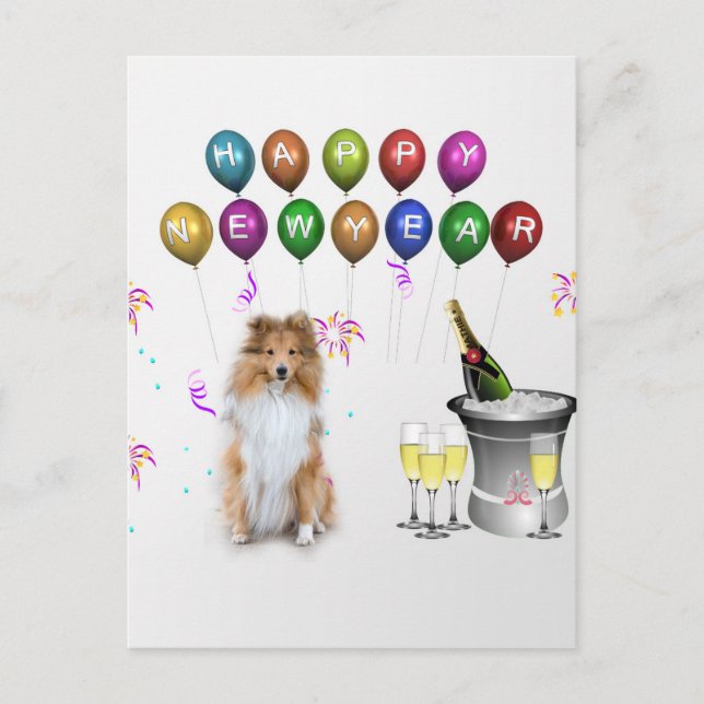 Sheltie Dog Happy New Year Holiday Postcard (Front)