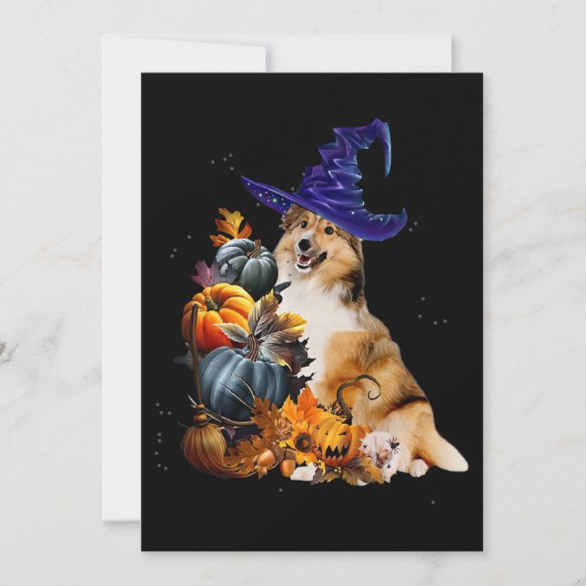 Sheltie Dog Witch And Pumpkins Halloween Thanksgiv Invitation (Front)