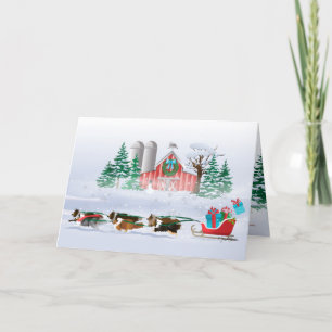 Sheltie Dogs Brown, Black and Grey, Pulling Sleigh Holiday Card