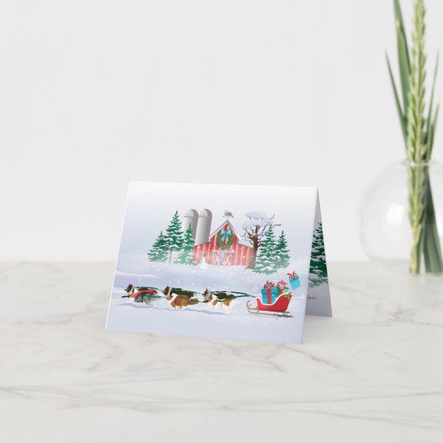 Sheltie Dogs Pulling Red Sleigh Holiday Card (Front)