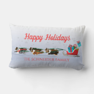 Sheltie Dogs Pulling Sleigh, Snowing Holiday Lumbar Pillow
