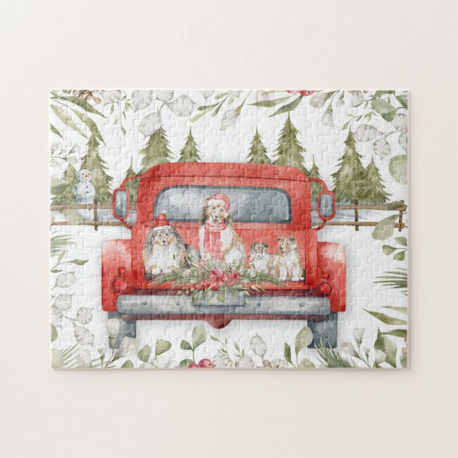Sheltie Family in Red Truck Christmas  Jigsaw Puzzle (Horizontal)