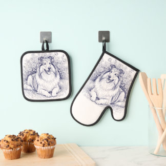 Sheltie & Flowers Sketch Oven Mitt & Pot Holder Set