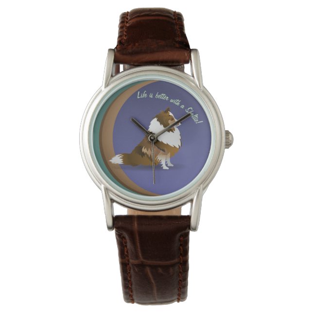 Sheltie, Sable on Purple, Green Circles Watch (Front)