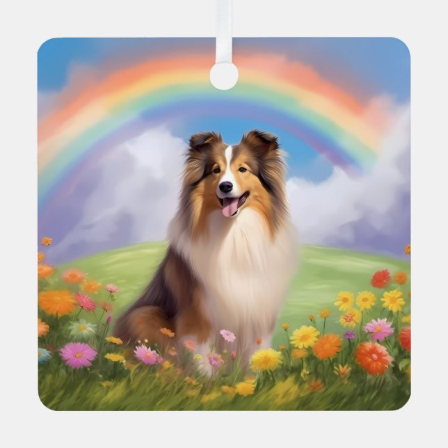 Sheltie Shetland Sheepdog Custom Dog Name Rainbow Metal Ornament (Front)