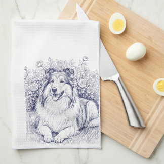 Sheltie Sketch with Rose Bush Kitchen Towel