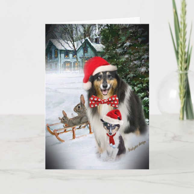 Sheltie Sledding with Rabbits Holiday Card (Front)