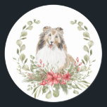 Shelties in a Christmas Wreath Classic Round Sticker<br><div class="desc">This fun Christmas sticker design features a sheltie inside a beautiful Christmas wreath.</div>