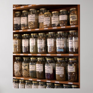 Shelves of herb jars poster