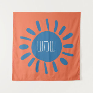 Shemesh - Blue Sun on Orange in Hebrew  Tapestry