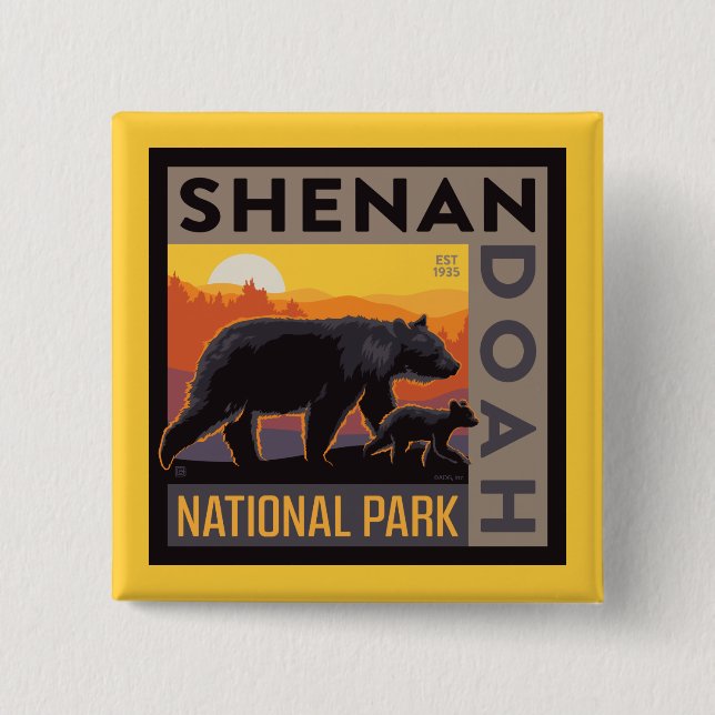 Shenandoah National Park | Mama Bear & Cubs 2 Inch Square Button (Front)