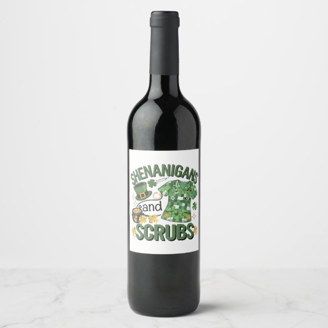 Shenanigans and Scrubs Funny Nursing St Patrick's  Wine Label (Front)