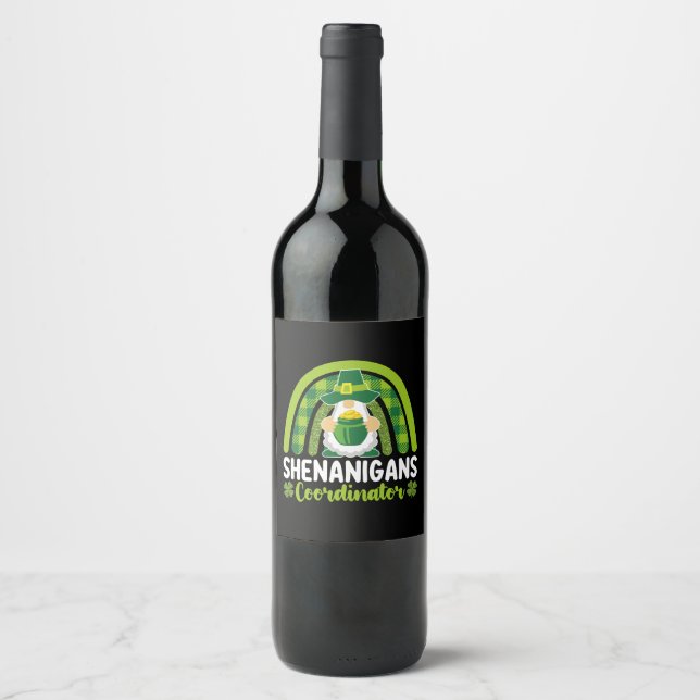 Shenanigans Coordinator Gnomes St Patrick's Day Wine Label (Front)