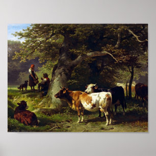 Shepherd and Cow Herd at the Pond Poster