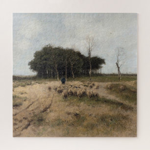 Shepherd and sheep, vintage oil painting jigsaw puzzle