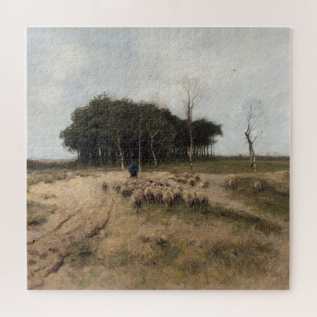 Shepherd and sheep, vintage oil painting jigsaw puzzle (Horizontal)