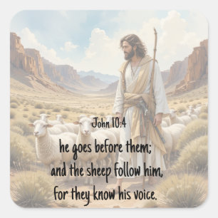 Shepherd goes before them Bible Scripture Square Sticker
