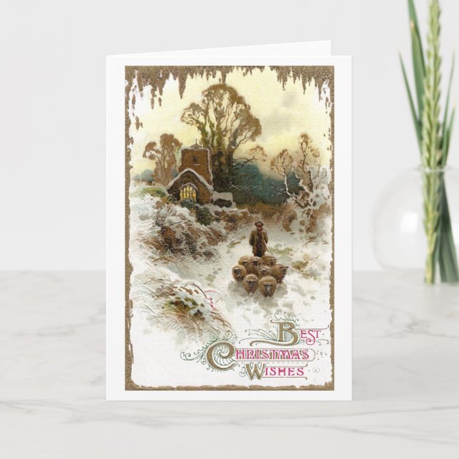 Shepherd Herding Sheep Vintage Christmas Holiday Card (Front)