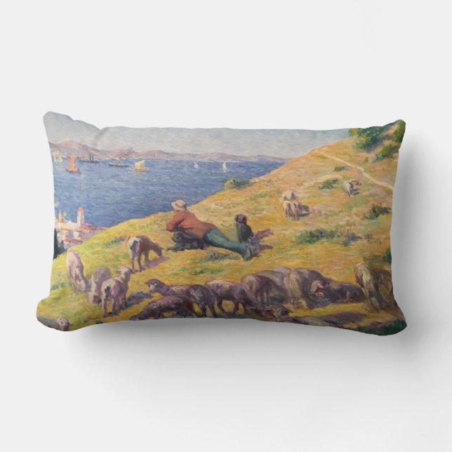 Shepherd With His Sheep Watching the Sea Lumbar Pillow (Front)